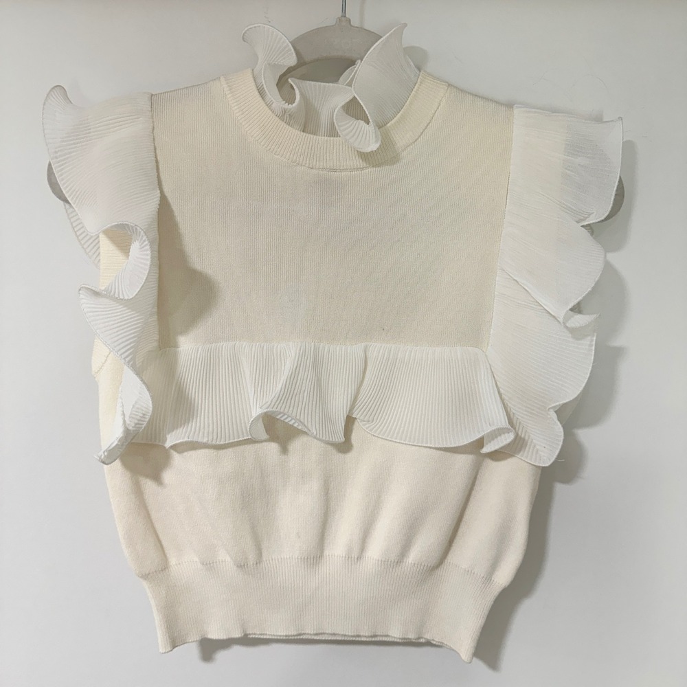 Zara Women Top Knit Sweater Vest Ruffle Pleated Trim Small Cream Coquette Chic
